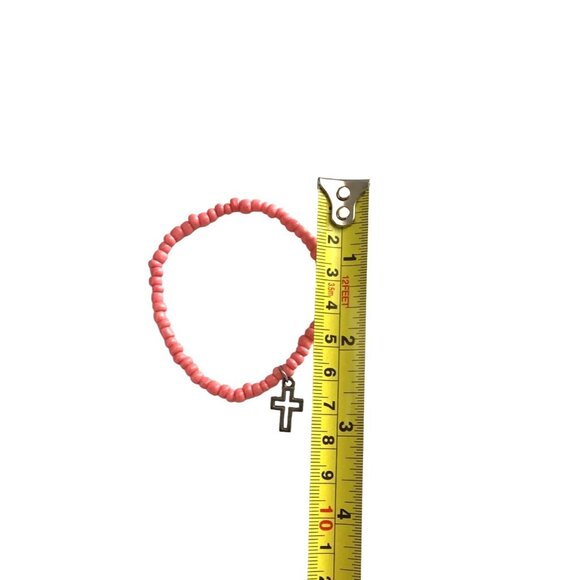 PINK BEADED ELASTIC BRACELET WITH CROSS CHARM - Picture 3 of 3